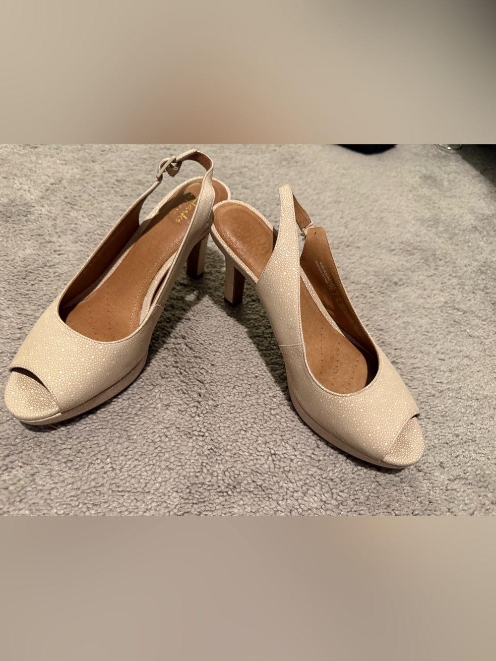 Clarks Peep-Toe Slingback Heels in Ivory with Subtle Sparkle